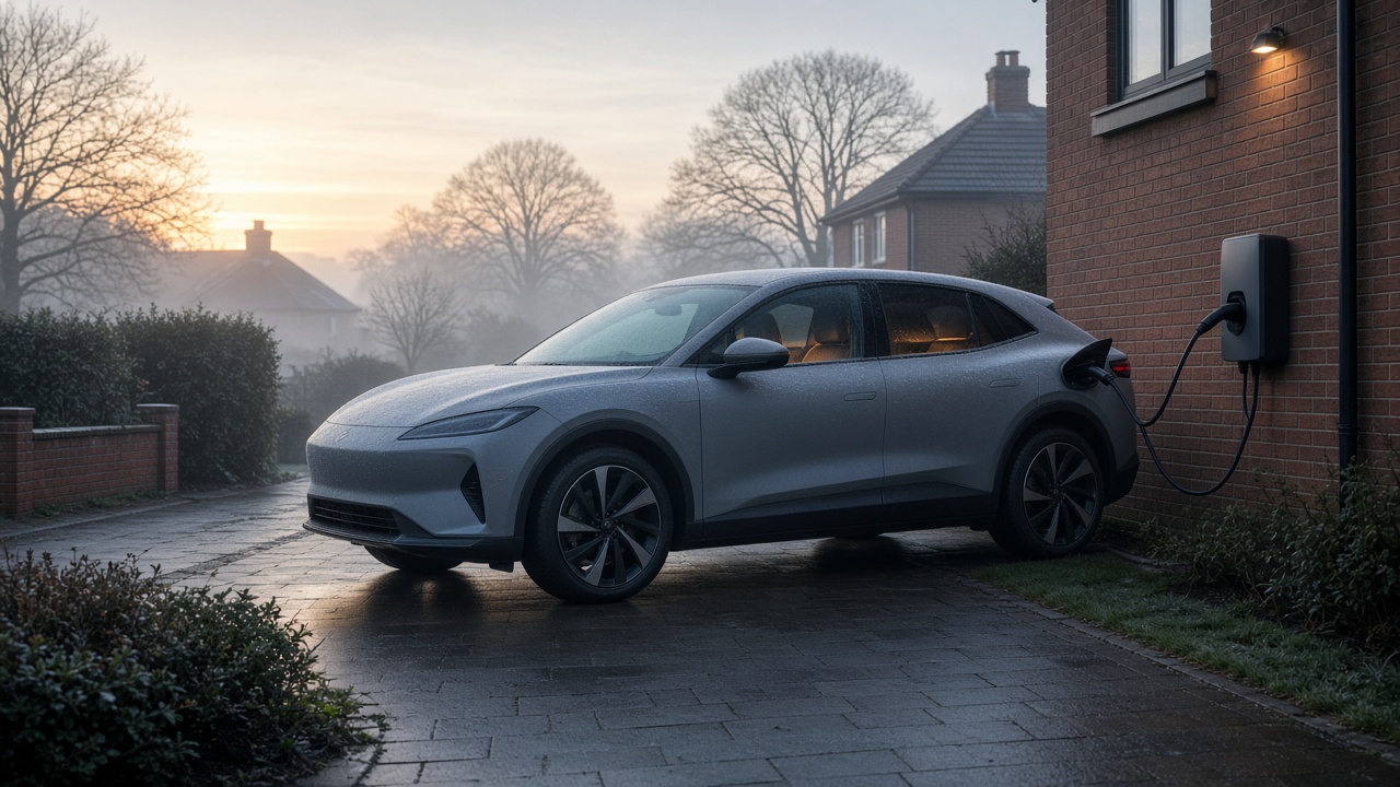 Electric car on a frosty UK driveway plugged into a home wallbox at dawn