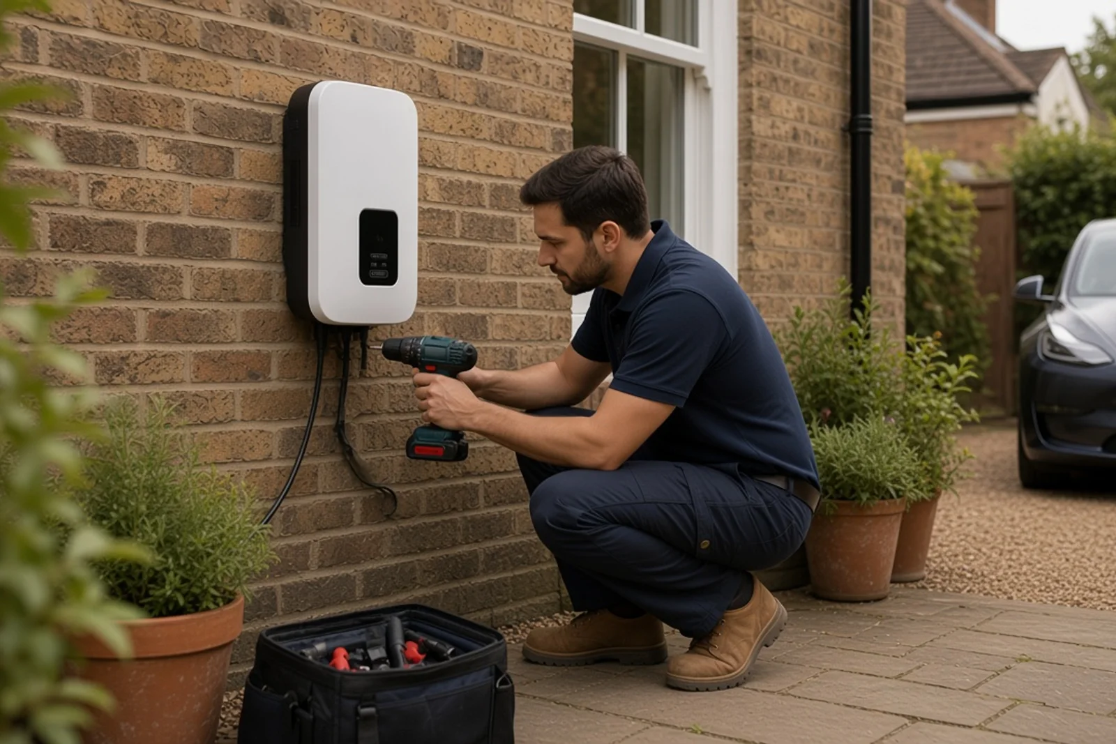 Electrician installing a home EV wallbox on a UK driveway